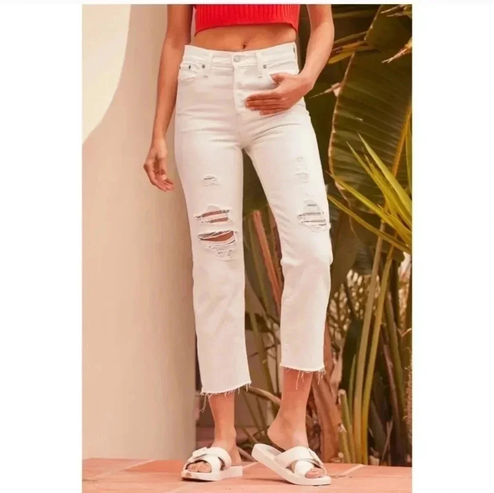 Levi's Premium Wedgie Distressed High-Rise Frayed Hem Tapered Ankle Jeans(33)NWT